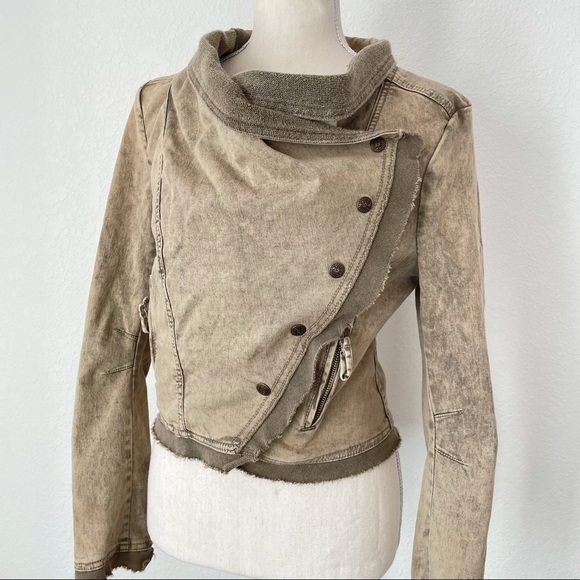 FREE PEOPLE COWL NECK BUTTON UP MOTO MILITARY JEAN JACKET SMALL - Picture 2 of 7